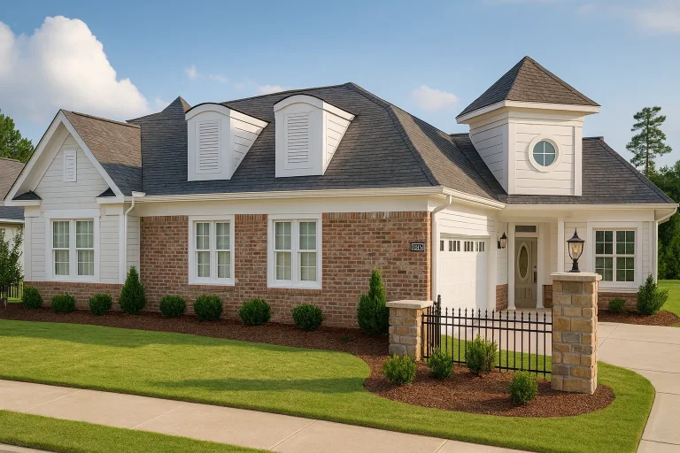 Front view of Traditional Ranch home with New American styling, stone veneer, horizontal lap siding, dormers, and front-entry garage