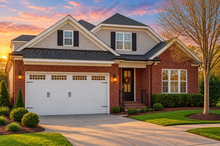 Traditional brick-and-shake home with front-entry 2-car garage, gabled dormers, and covered entry—Craftsman/Cottage accents