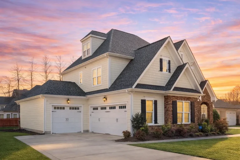 Front elevation of New American Modern Traditional house with stone veneer, lap siding, arched entry, and layered gables