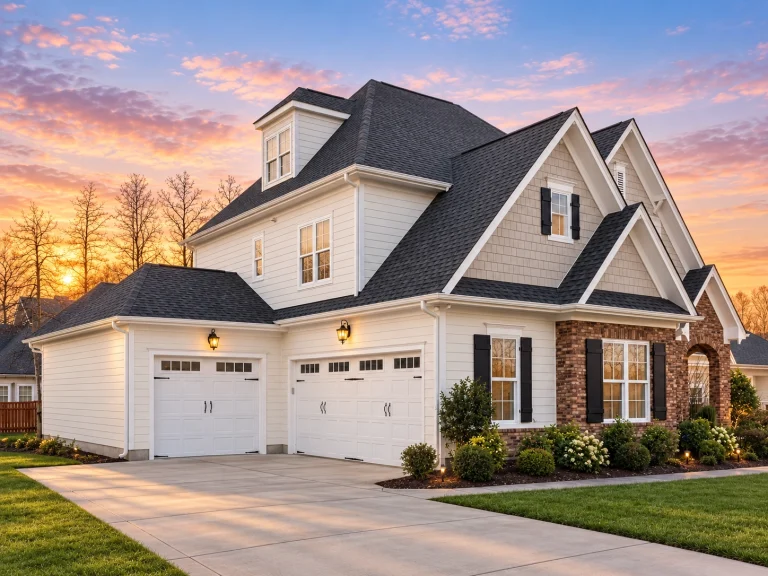 Front elevation of New American Modern Traditional house with stone veneer, lap siding, arched entry, and layered gables