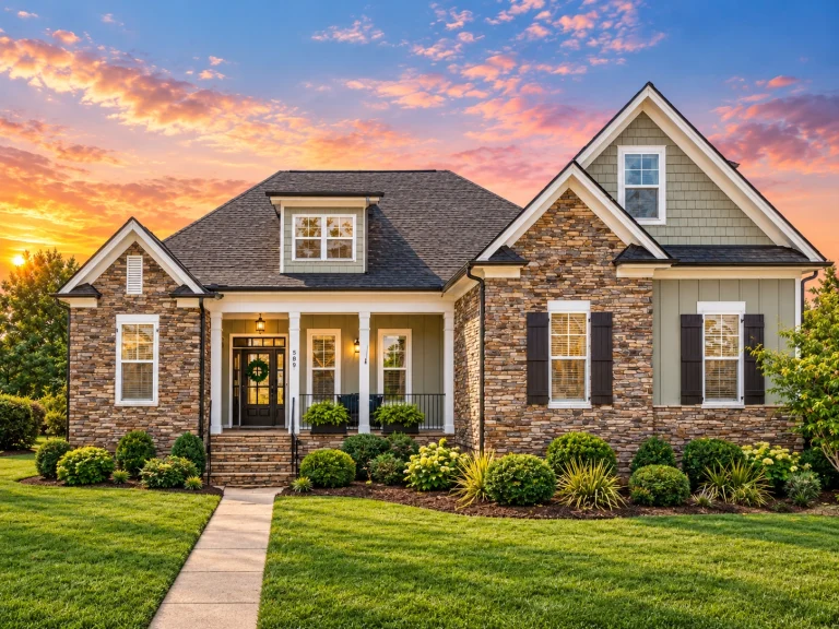 Front elevation of a New American style house featuring stone veneer, board-and-batten siding, gabled rooflines, and symmetrical modern traditional detailing