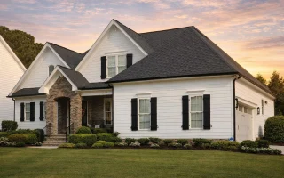 Front elevation of a New American modern traditional house with stone entry, shingle gables, and horizontal siding