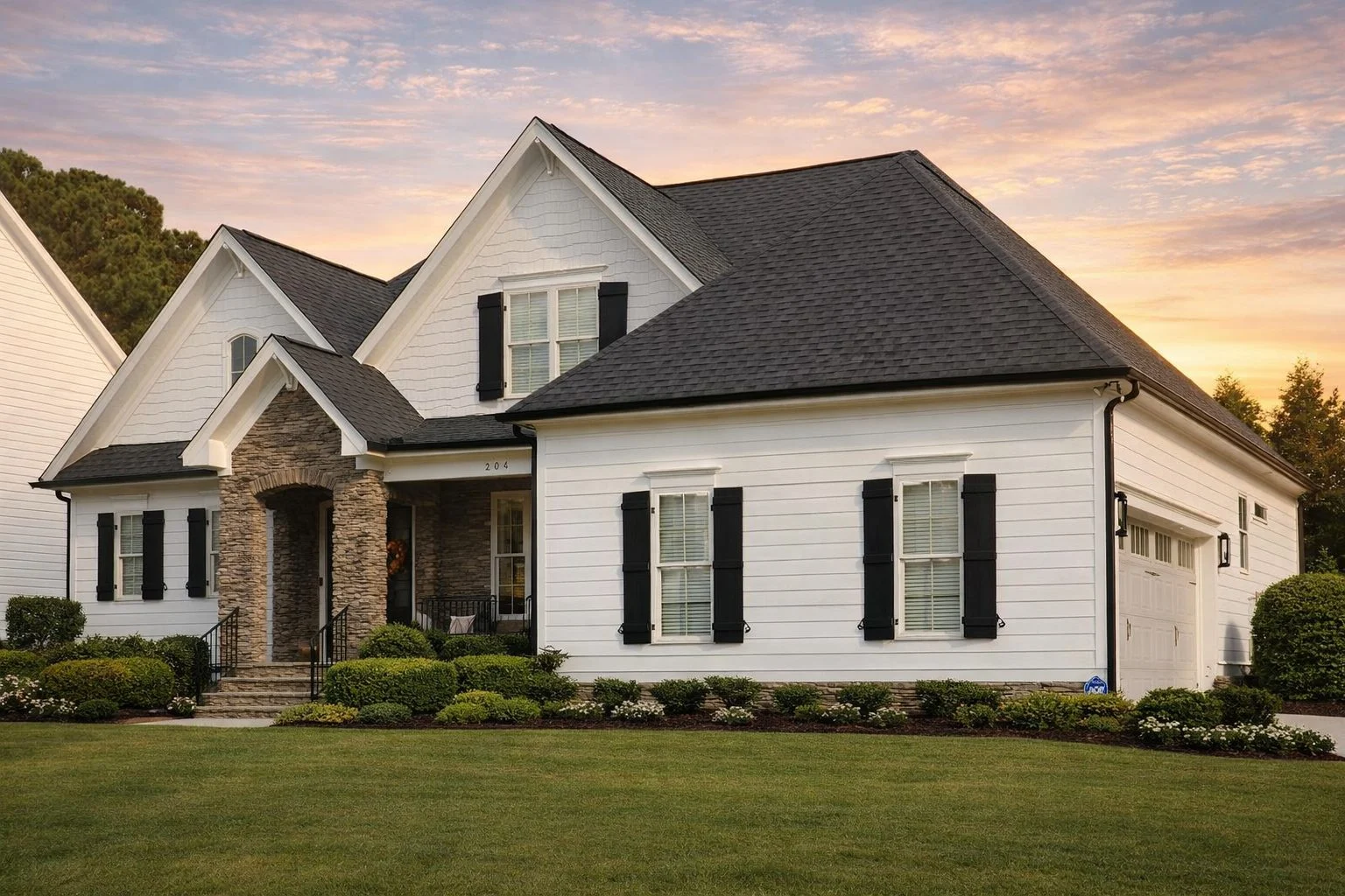 Front elevation of a New American modern traditional house with stone entry, shingle gables, and horizontal siding