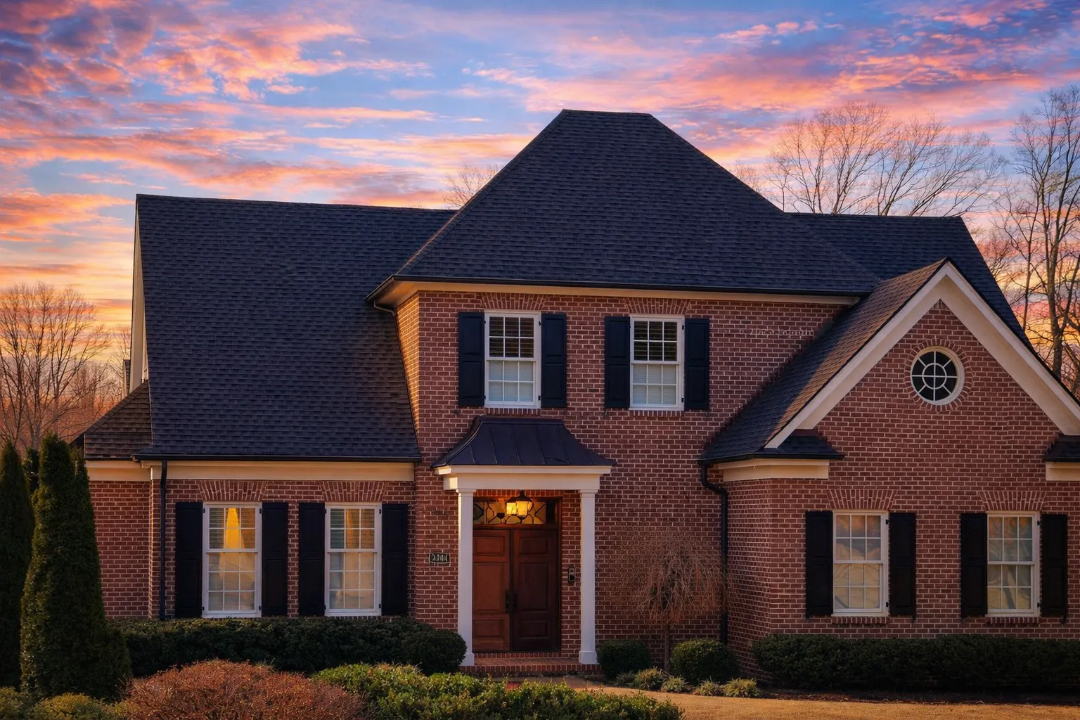 Classical House Plans 19 Front elevation of Traditional Colonial style home with full brick exterior, black shutters, gabled roof, and centered entry