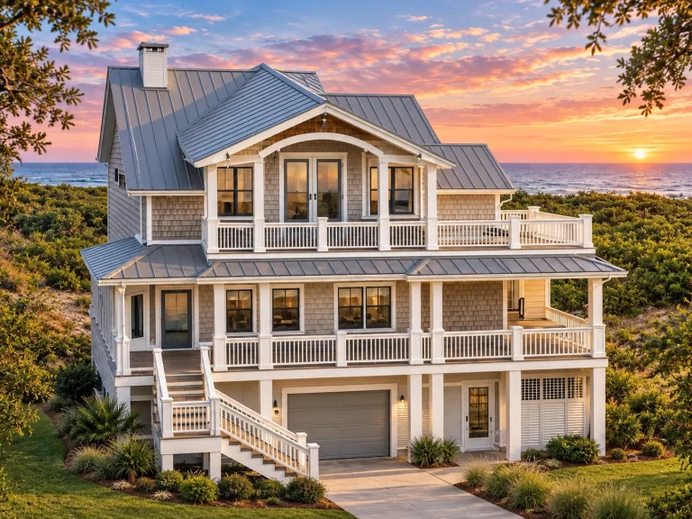 Elevated coastal beach house with shingle siding, wraparound porches, metal roof, and under-home garage designed for a narrow coastal lot
