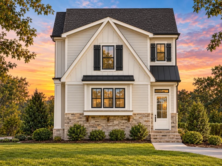 Coastal Traditional House Plans 13 Front view of a Craftsman Cottage style home featuring board and batten siding, gable rooflines, and charming trim details