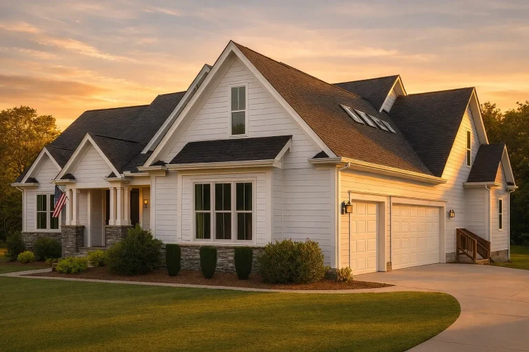 Front exterior view of a New American Modern Traditional house featuring horizontal lap siding, stone accents, gabled rooflines, and an attached two-car garage