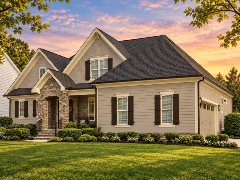 Front elevation of a New American modern traditional house with stone entry, shingle gables, and horizontal siding