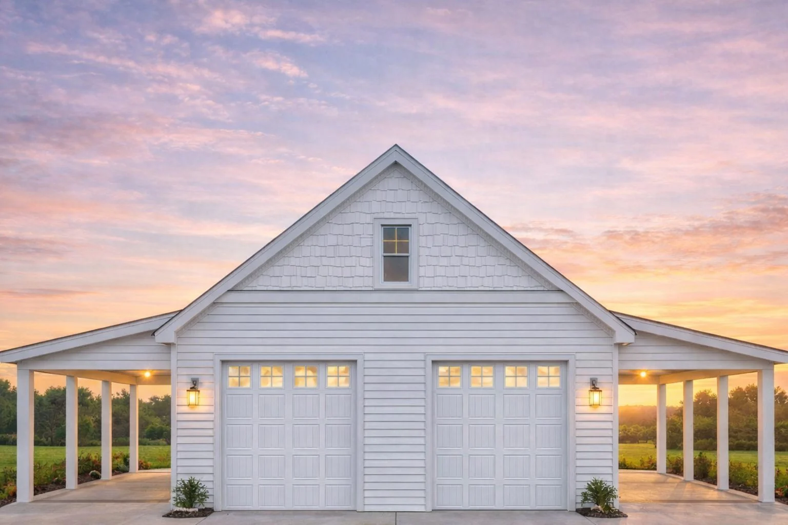 Front view of Craftsman carriage house style 2-car garage with horizontal lap siding, steep gable roof, and covered side porches
