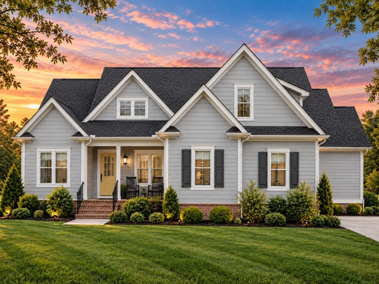 Front elevation of Craftsman style house with gray horizontal lap siding, gabled rooflines, shutters, and covered front porch