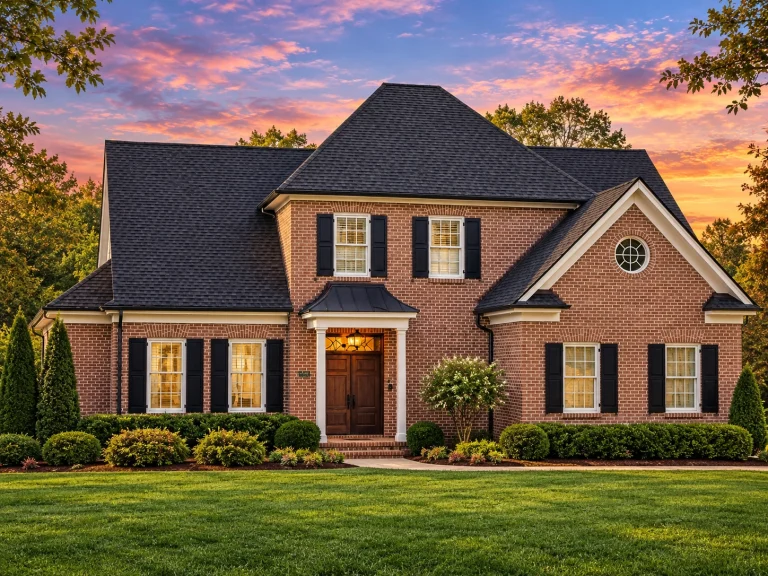 Front elevation of Traditional Colonial style home with full brick exterior, black shutters, gabled roof, and centered entry