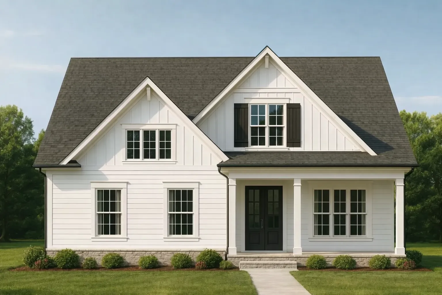 Front elevation of a modern farmhouse style home featuring white board and batten siding, black shutters, gabled rooflines, and a welcoming covered porch