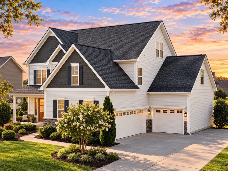 Front elevation of a New American Traditional style house featuring horizontal siding, stone wainscot, symmetrical windows, and a covered porch