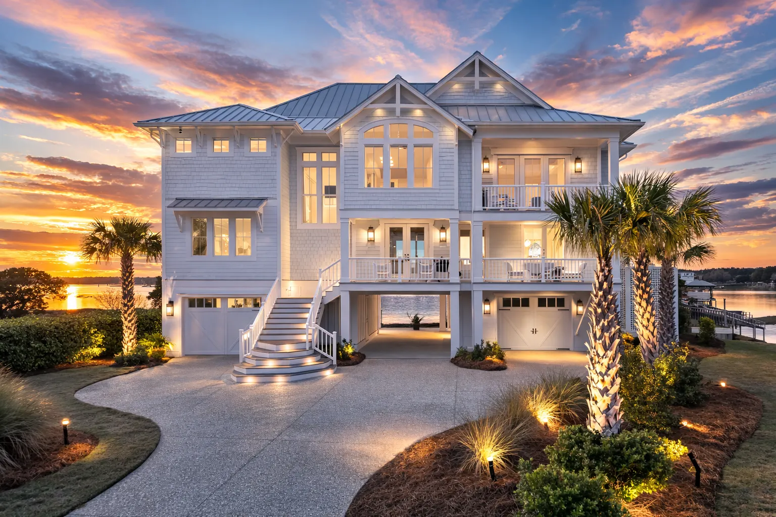 Front elevation of luxury coastal beach style home with elevated foundation, white siding, wraparound porches, and palm trees at sunset