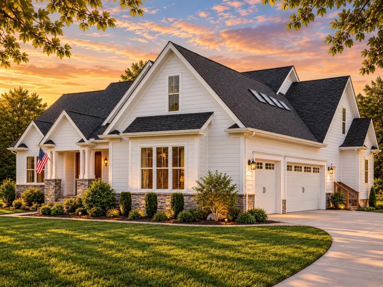 Front exterior view of a New American Modern Traditional house featuring horizontal lap siding, stone accents, gabled rooflines, and an attached two-car garage