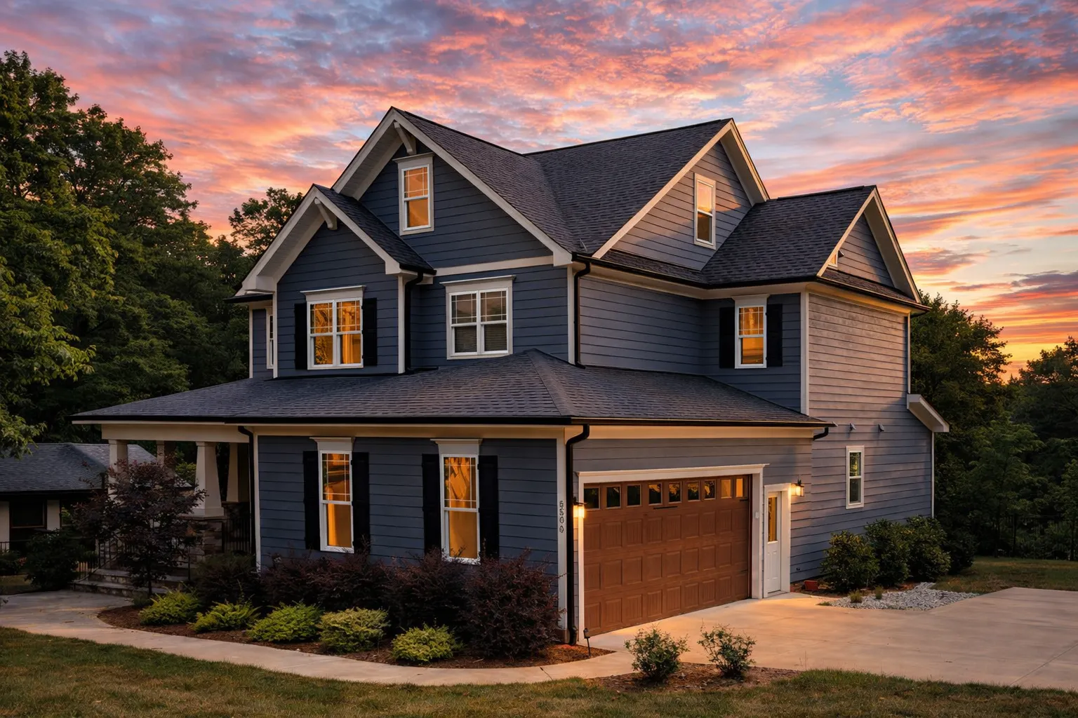 Rear exterior view of a New American style garage apartment with horizontal lap siding, front-load garage, gabled rooflines, and traditional suburban detailing