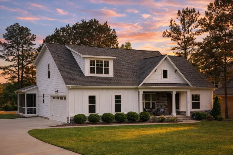 Front elevation of a New American Craftsman style home featuring horizontal lap siding, stone accents, gabled rooflines, and a welcoming covered entry