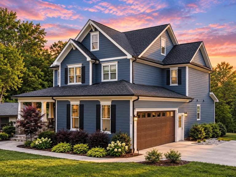 Rear exterior view of a New American style garage apartment with horizontal lap siding, front-load garage, gabled rooflines, and traditional suburban detailing