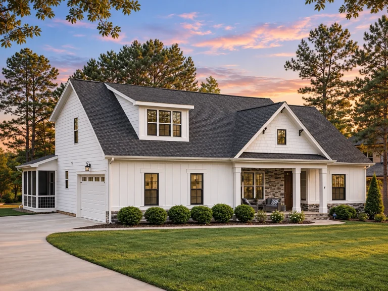 Front elevation of a New American Craftsman style home featuring horizontal lap siding, stone accents, gabled rooflines, and a welcoming covered entry