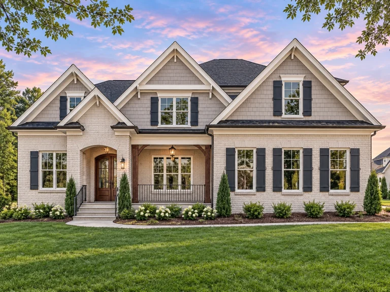 Modern Suburban House Plans 15 Front exterior of a New American modern traditional house featuring painted brick, shingle gables, Craftsman trim, and a covered front porch