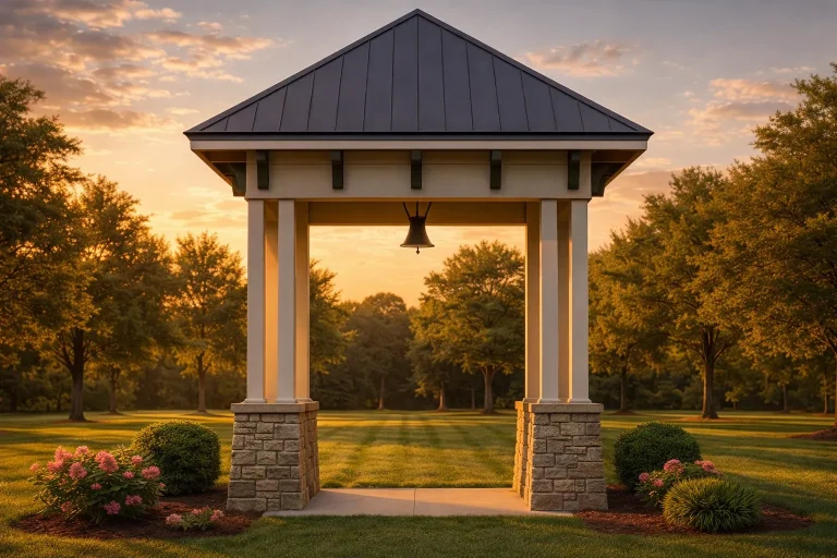 Neoclassical open-air pavilion with smooth painted columns, stone base piers, and standing seam metal hip roof at sunset