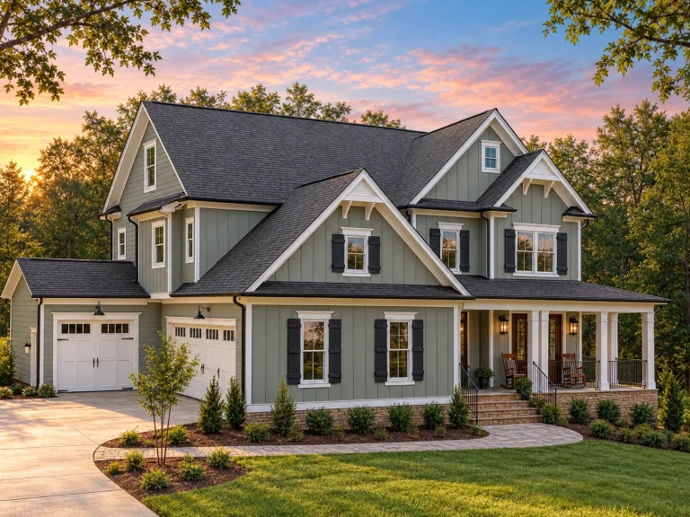 Front exterior of a New American Modern Farmhouse style home with board and batten siding, gabled rooflines, covered porch, and side-entry garage