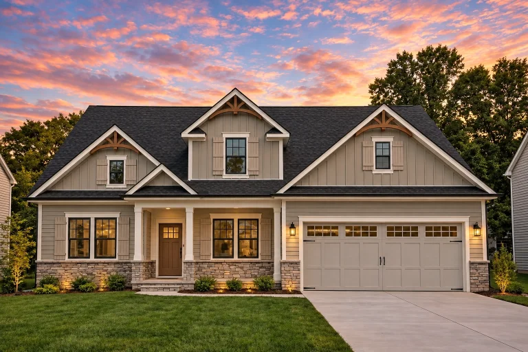 Front elevation of a New American Modern Traditional house with Cape Cod detailing, horizontal siding, shingle accents, and attached two-car garage