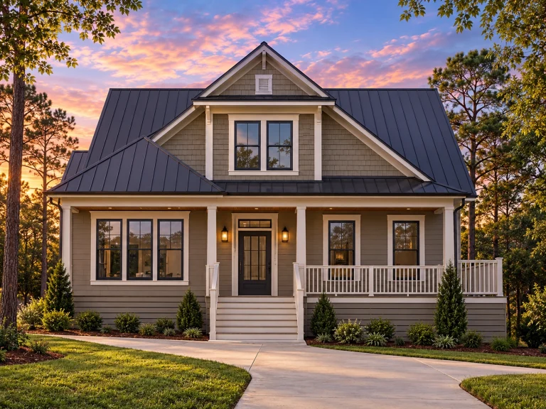 Front elevation of a Coastal Cottage farmhouse-style home with lap siding, board-and-batten gables, brick foundation, and covered front porch