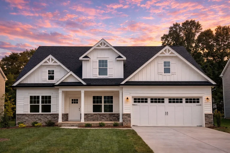Front elevation of a New American Modern Traditional house with Cape Cod detailing, horizontal siding, shingle accents, and attached two-car garage