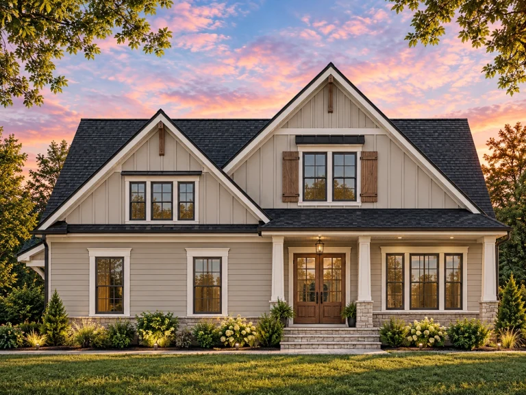 Front elevation of a modern farmhouse style home featuring white board and batten siding, black shutters, gabled rooflines, and a welcoming covered porch