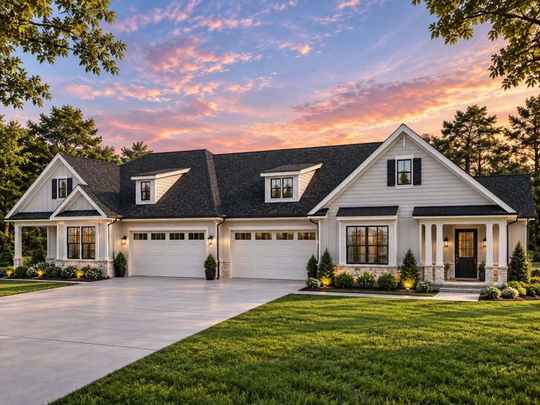 House Plans with Terrace 12 Front elevation of a New American Craftsman style ranch home with stone accents, horizontal siding, gabled rooflines, and attached garage