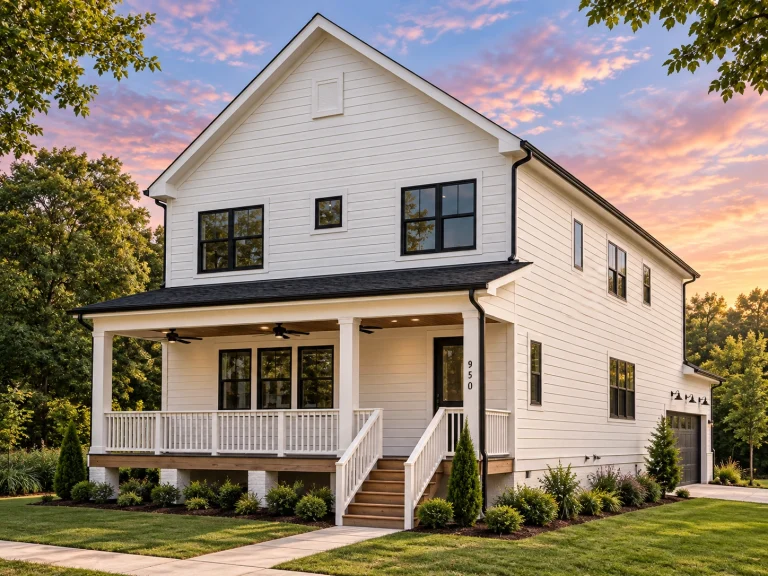 Garage Apartment Plans 20 Front exterior of a two-story Modern Farmhouse home with white horizontal siding, black windows, and a welcoming covered front porch