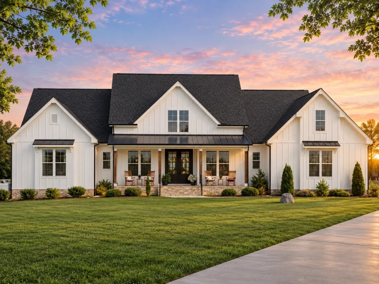 Transitional Ranch House Plans 16 Front elevation of a Modern Farmhouse style home featuring white board and batten siding, symmetrical gables, black windows, and a welcoming covered front porch