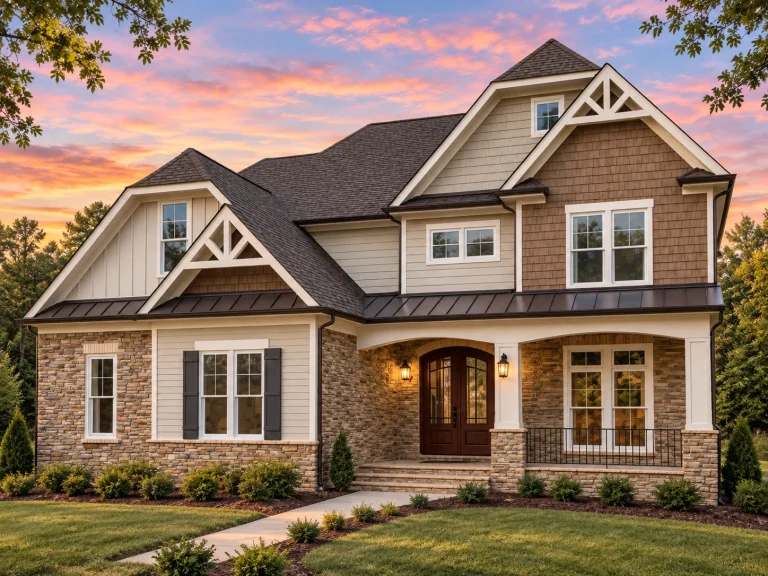 Triplex House Plans 4 Front exterior of a New American Craftsman style home with board and batten siding, brick accents, decorative gables, and covered front porch