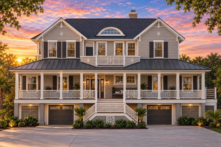 Front elevation of a Coastal Low Country Farmhouse featuring wide wraparound porch, horizontal siding, stone base, and metal roof for timeless Southern charm