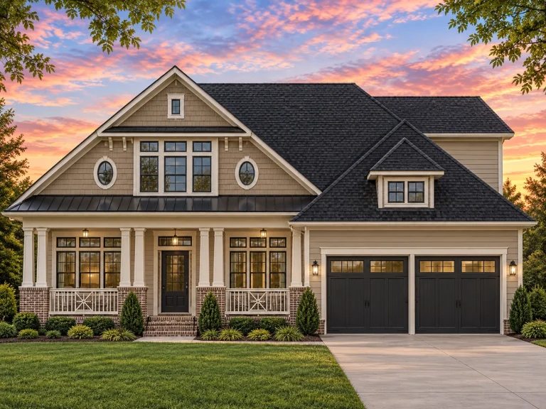 Front elevation of a Craftsman Traditional style home featuring stone accents, horizontal siding, and a covered porch with wood columns.