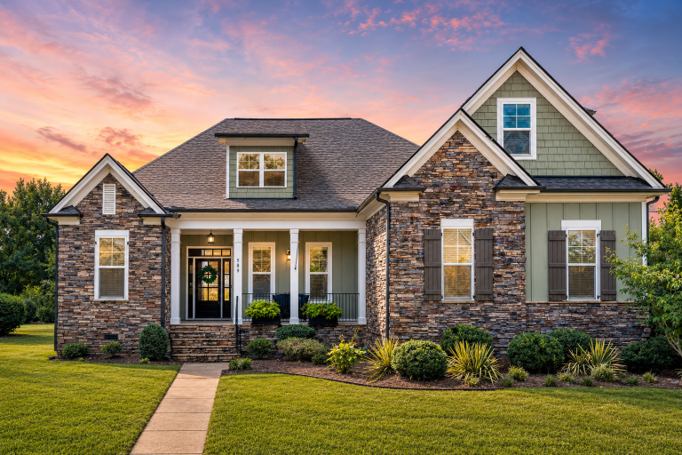 Front elevation of a New American style house featuring stone veneer, board-and-batten siding, gabled rooflines, and symmetrical modern traditional detailing