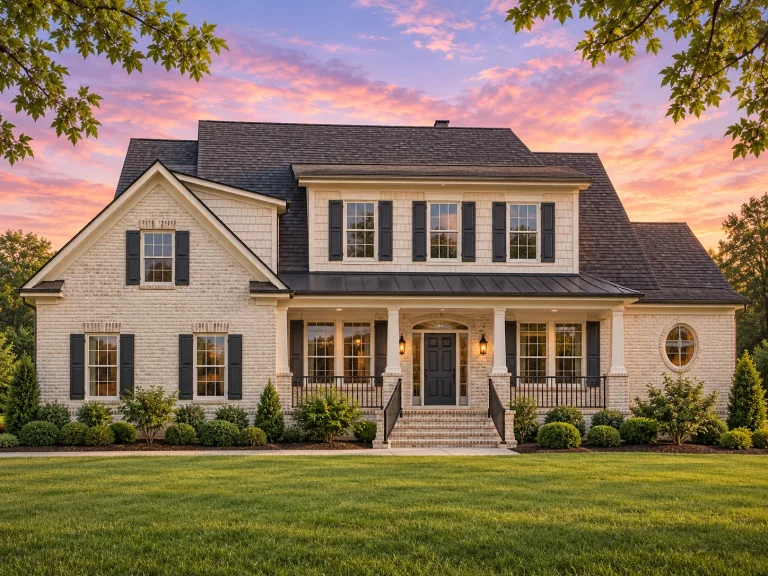 Front elevation of a Traditional Colonial style home featuring a full brick exterior, dark shutters, and a welcoming covered front porch with wood railings
