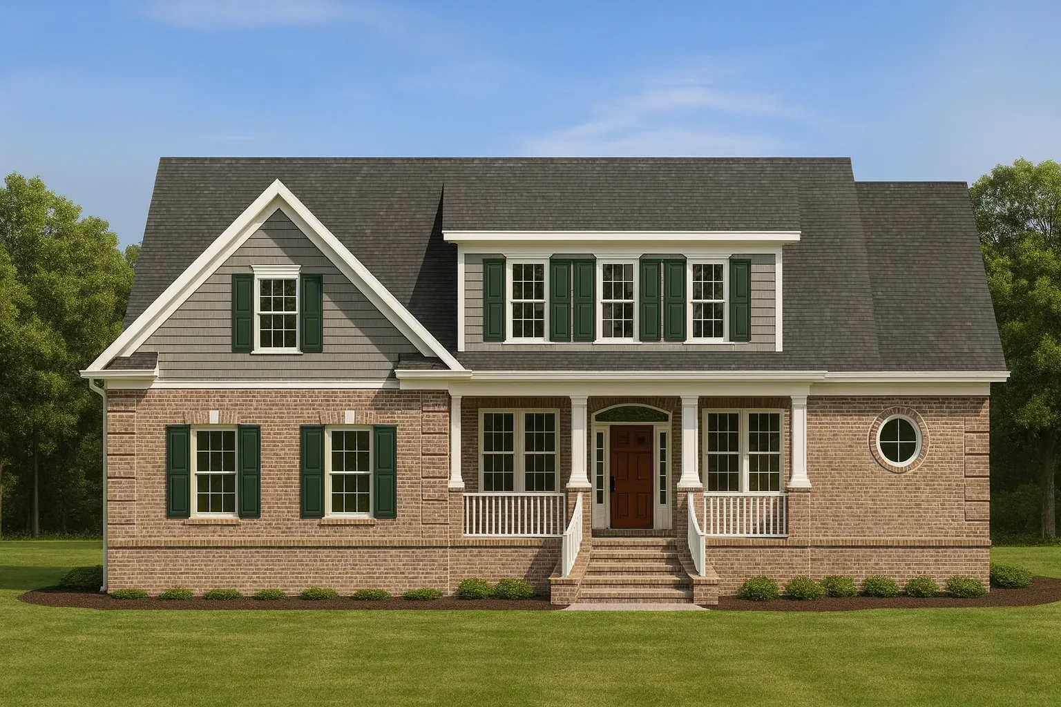 Front elevation of a Traditional Colonial style home featuring a full brick exterior, dark shutters, and a welcoming covered front porch with wood railings