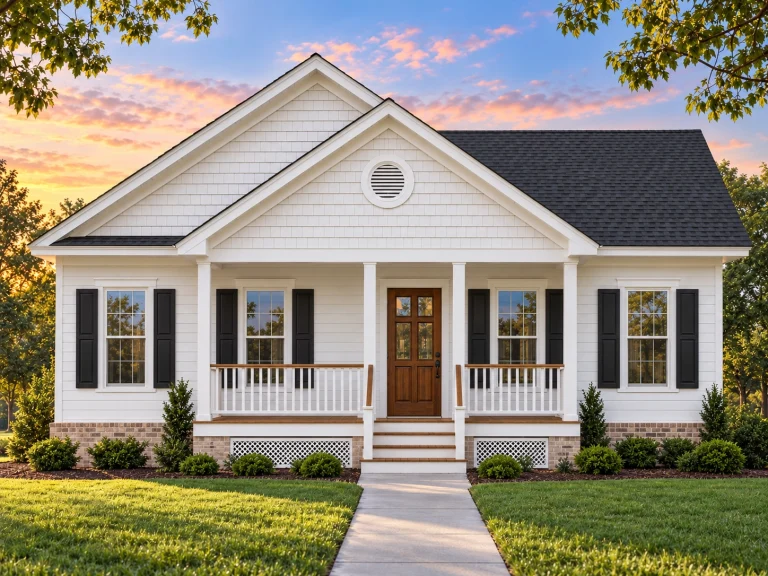 House Plans with Outdoor Kitchen 3 Front elevation of a Traditional Cottage style home featuring horizontal siding, shingle gable accent, black shutters, and a welcoming covered porch