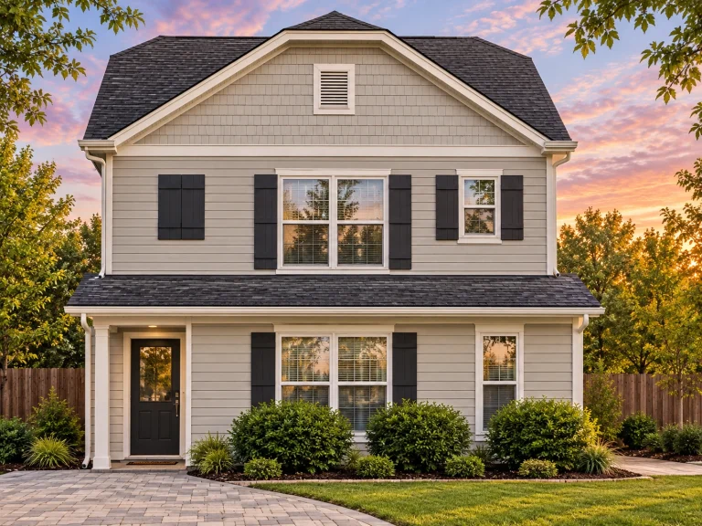 Front elevation of a Traditional Colonial Suburban style home featuring gray horizontal siding, red shutters, symmetrical windows, and classic covered porch entry