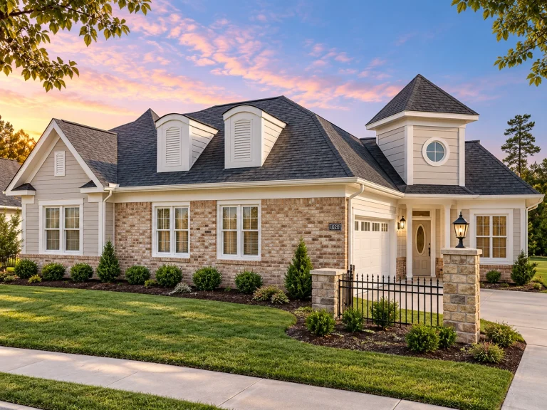 Front view of Traditional Ranch home with New American styling, stone veneer, horizontal lap siding, dormers, and front-entry garage