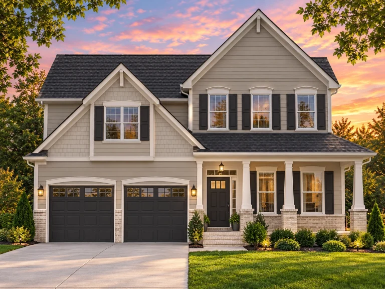 House Plans with Outdoor Kitchen 24 Front exterior of a New American home featuring brick facade, Colonial Revival symmetry, and covered front porch