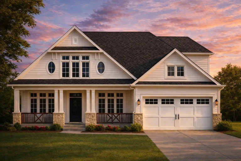 House Plans with Basement Garage 1 Front elevation of a Craftsman Traditional style home featuring stone accents, horizontal siding, and a covered porch with wood columns.