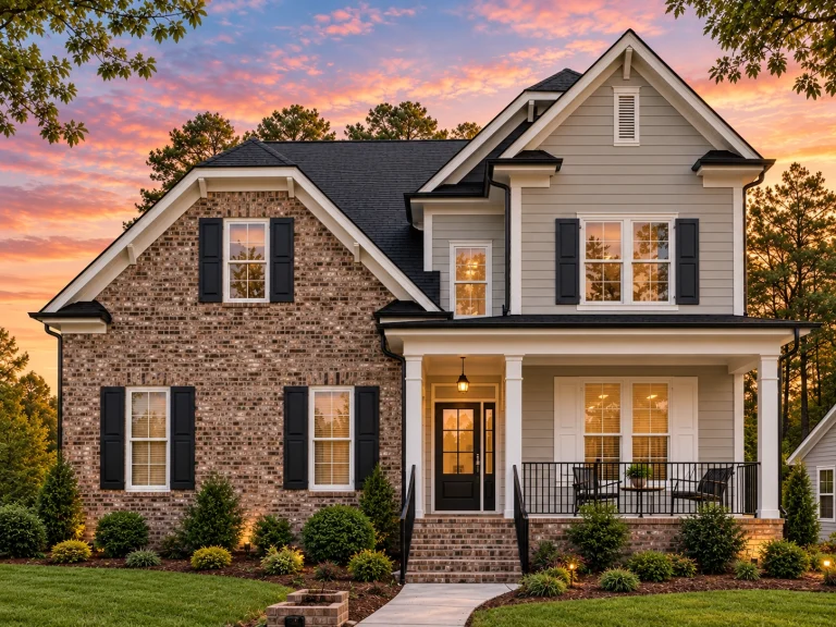 House Plans with Outdoor Kitchen 16 Front elevation of a New American style home featuring brick exterior, Craftsman detailing, gabled rooflines, and a covered front porch