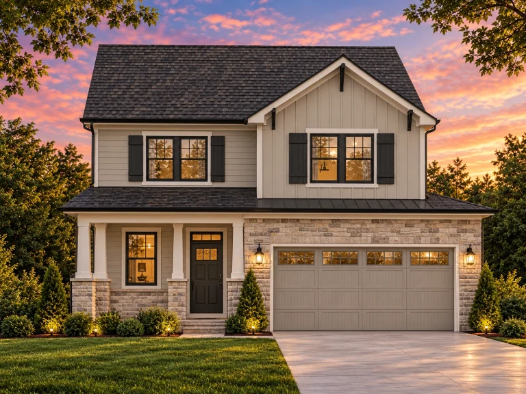 Front elevation of a New American modern traditional home with lap siding, board and batten gable, stone veneer, and 2-car garage
