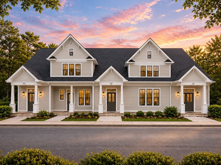 Front elevation of a New American and Traditional Colonial style home with horizontal siding, symmetrical gables, and covered front porch