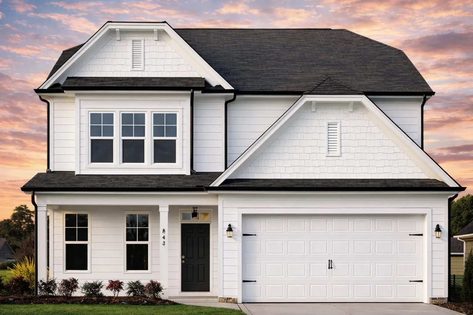 Front elevation of modern farmhouse style home with white board and batten siding, black roof, covered porch, and attached 2-car garage