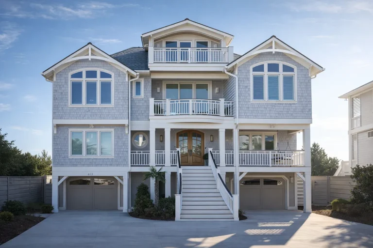 Front elevation of luxury coastal shingle style beach house with cedar shingles, board and batten gables, elevated entry, balconies, and double garage