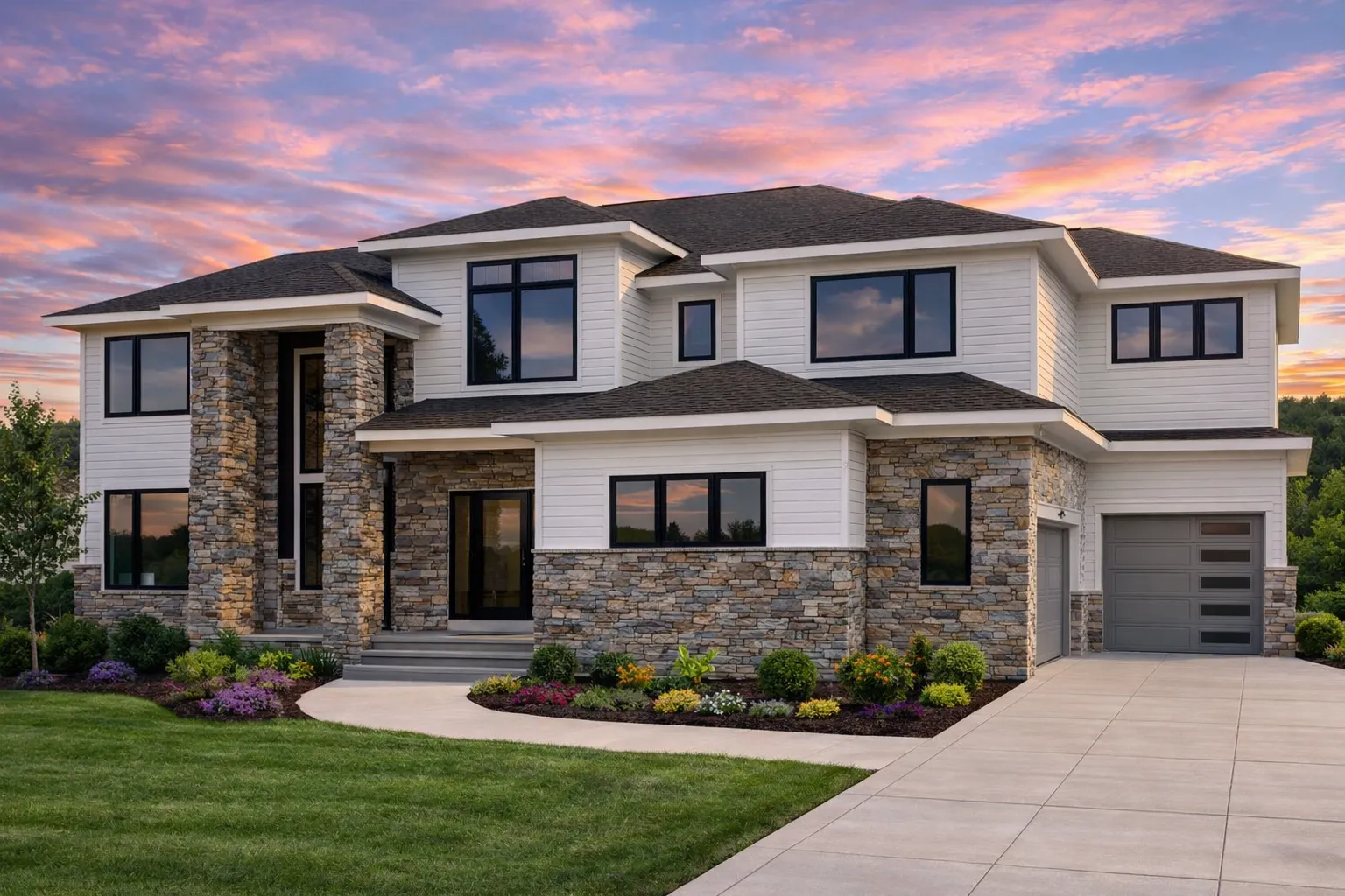 Front exterior view of a New American style two-story home featuring horizontal siding, board-and-batten accents, large windows, and a balanced suburban facade